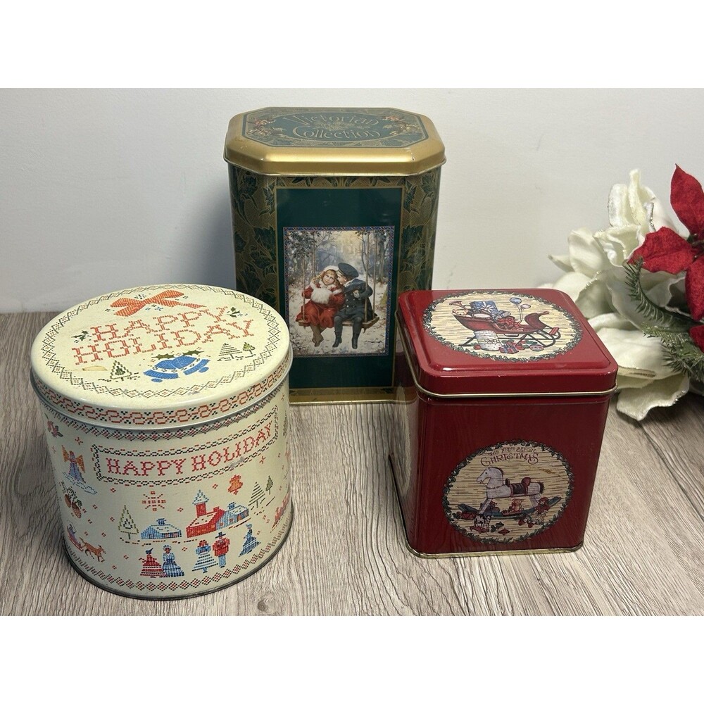 Set Of 3 Assorted Vintage Metal Christmas Tins Holidays Winter Victorian